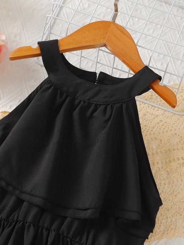 5-14Y Big Girls Dress Solid Color Ruffle Trim Halter Neck Princess Dress For Party Beach Vacation Kids Summer Elegant Clothes Black Catpapa 462302007