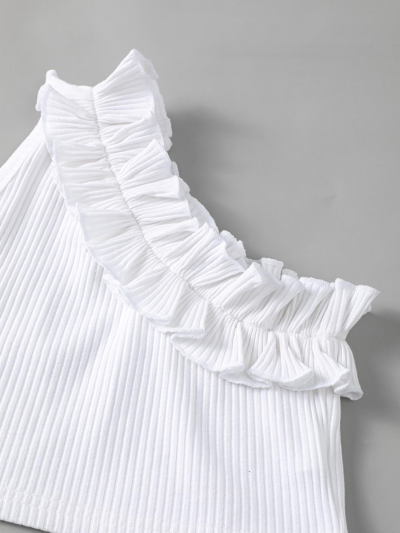 5-14Y Kid Fashion Girls Clothes Sloping Shoulder Lotus Leaf Side Tops Elastic Bell-bottomed Pants 2Pcs Casual Outfits White Catpapa 462302003