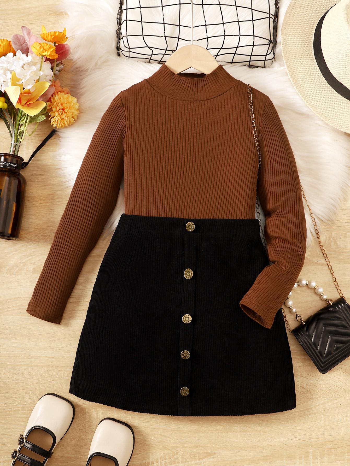 5-14Y Kids Clothes Girls Skirts Sets For Spring Autunmu Stand-up Collar Solid Color Tops Button Skirts 2Pcs Brown Catpapa 462305005