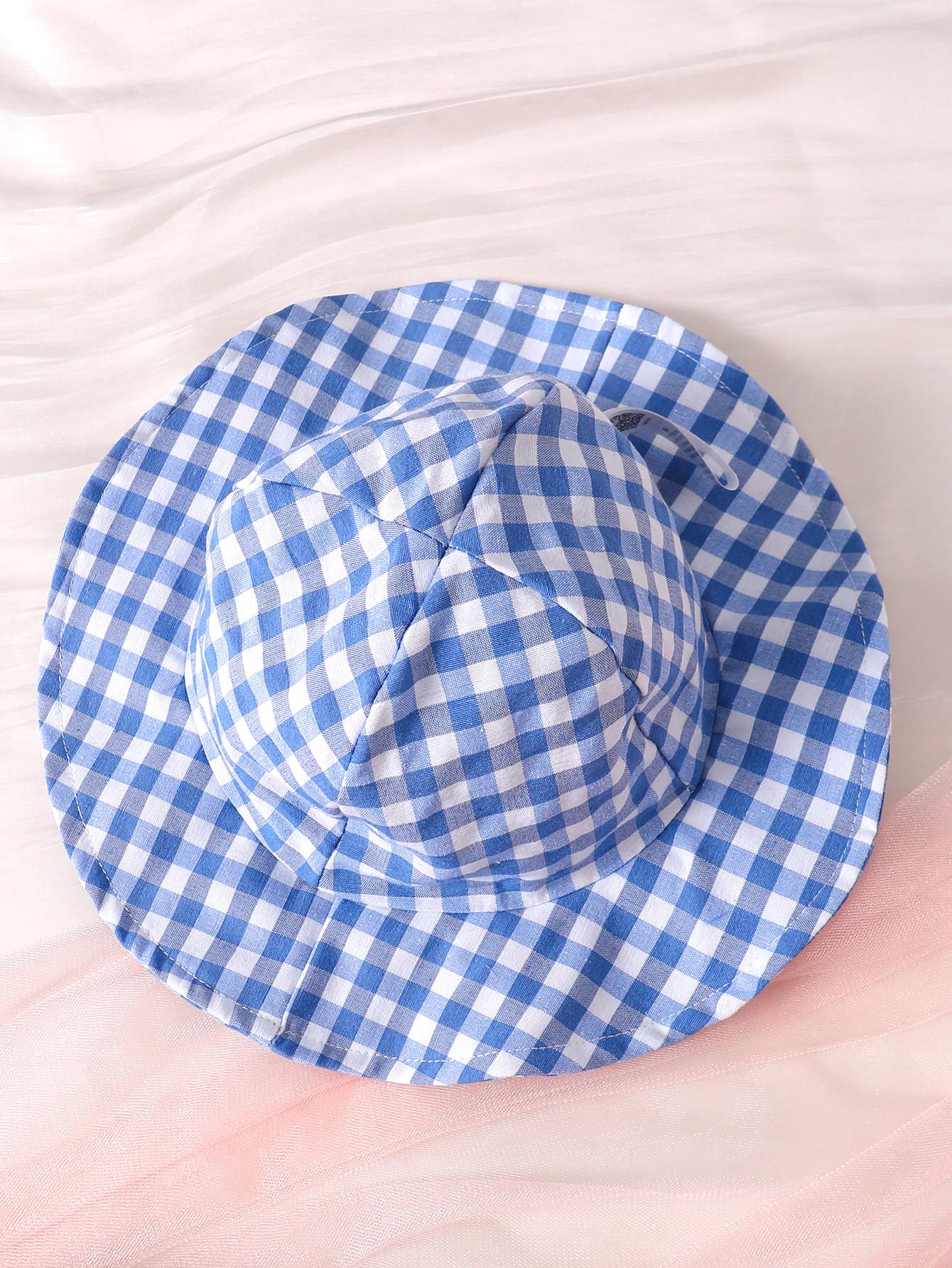 6M-3Y Kids Fashion Girls Clothes Sleeveless Plaid Bow Dress With Hat 2Pcs Blue Catpapa 112211042