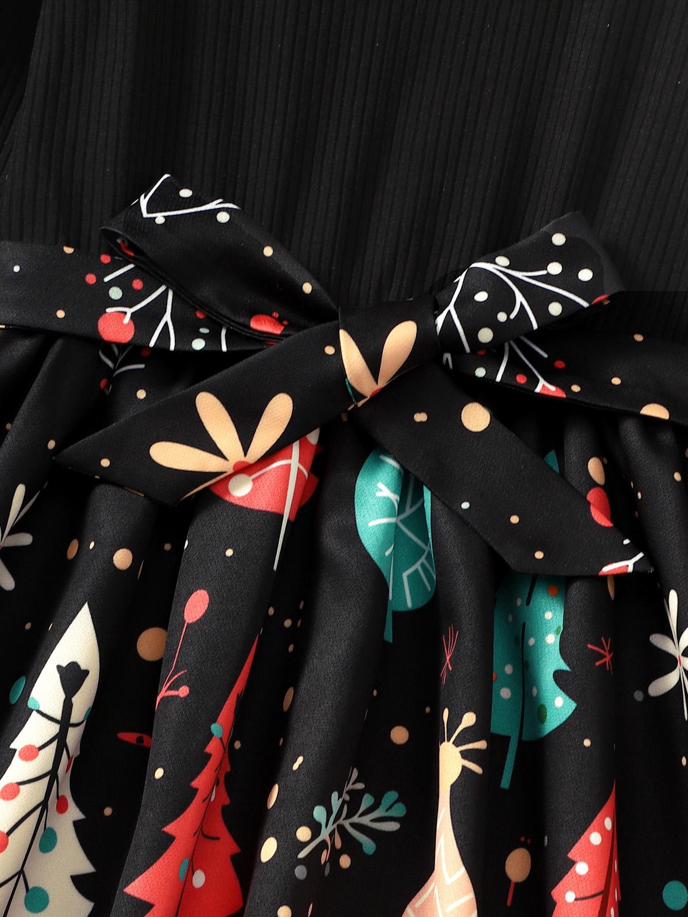 8-14Y Ready Stock Big Girls Dress Christmas Tree Print Bow Belt Splice Fall Winter Dress One Piece Feast Dress Black Catpapa 462308010