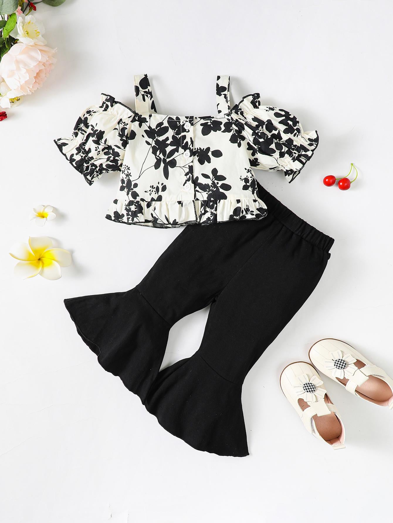 6M-3Y Kids Fashion Ready Stock Girls Clothes Floral Straps Bubble Sleeve Tops Bell-bottomed Pants 2Pcs Niceapparel OOTD White Catpapa 623020005