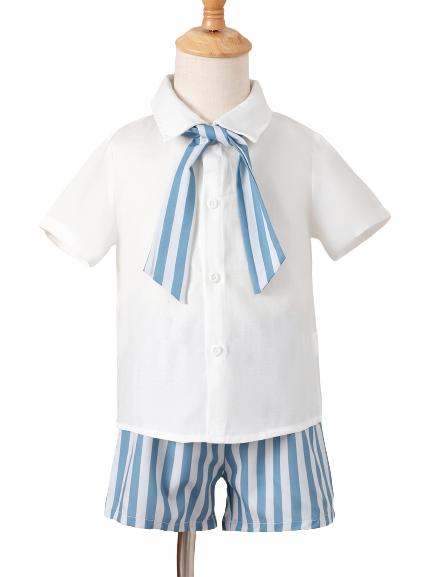 3-7Y Ready Stock Baby Boys Clothes Turn-down Collar Tops Elastic Stripe Shorts 2Pcs Gentle Outfits Blue Catpapa 212211005