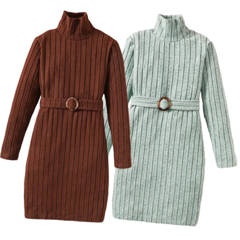 8-14Y Big Girls Elegant Dress Rib Solid Color Stan-up Collar Fall Winter Long Sleeve Dress With A Belt Catpapa 462308017