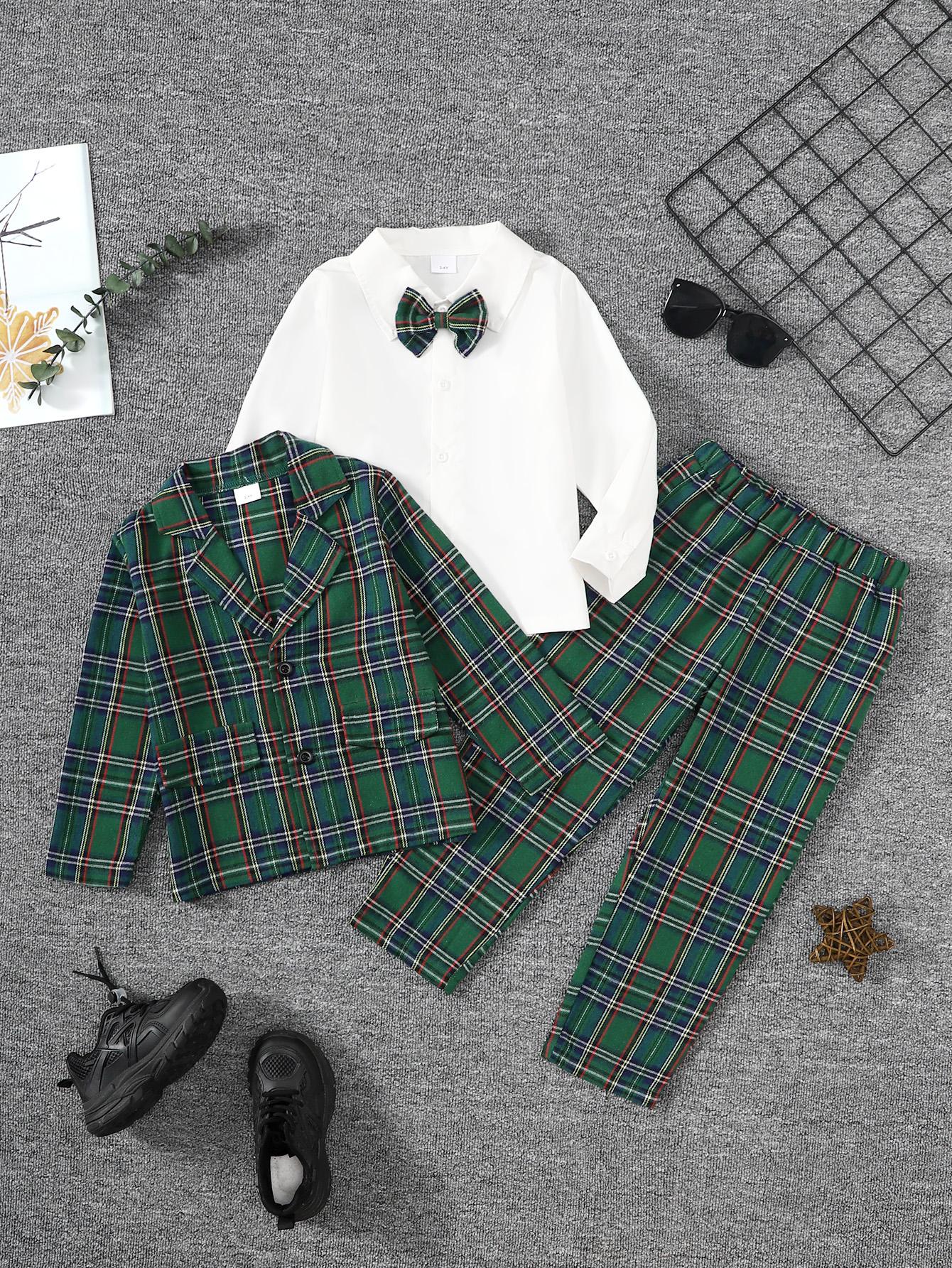 4-7Y 3pcs Boy's Plaid Patter Gentleman Outfit, Bowtie Shirt & Suit & Pants Set, Kid's Clothes Catpapa 462308166