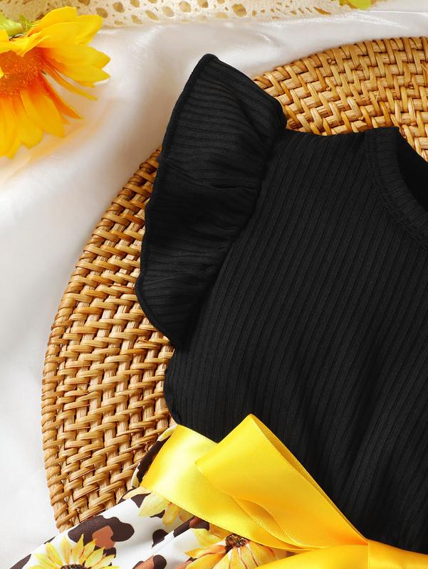 4-7Y Girls Dress Kid Girls Sleeveless Sunflower Print Leopard Pattern Splice Dress One Piece Summer Casual Dress Black Cattpapa GS132312157