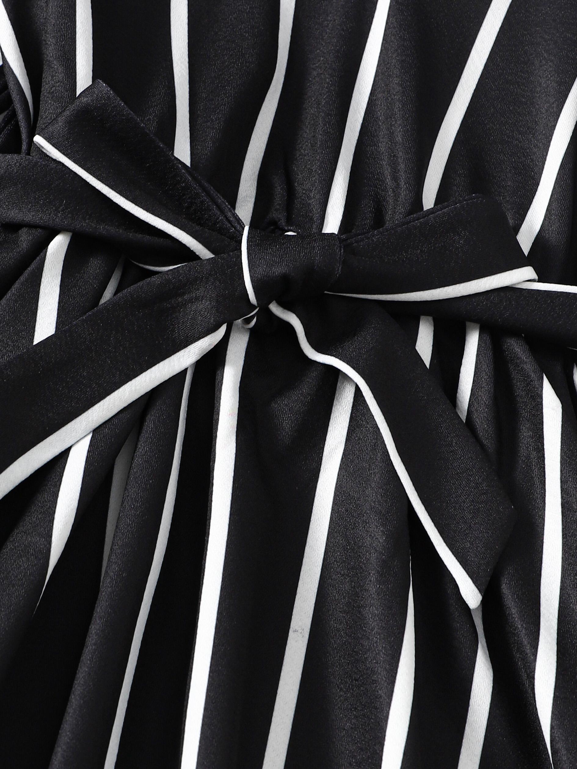 8-14Y Ready Stock 8-14y Kid Girls Fall Winter Dress Stripe Turn-down Collar Bow Dress One Piece Casual Dress Black Catpapa 462308016