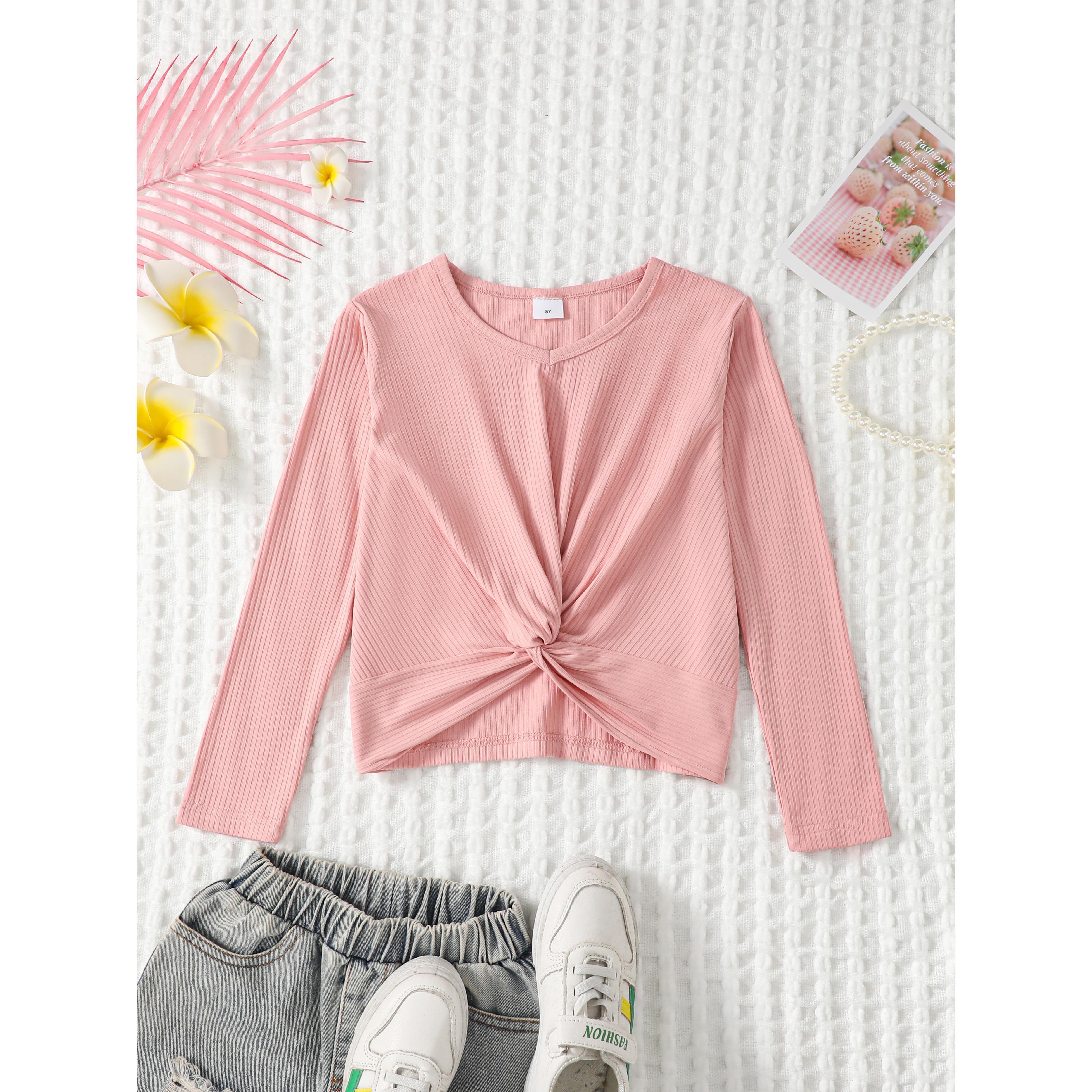 8-14Y Ready Stock 8-14y Kid Girls Shirt Twist Knot Casual V-neck Solid Color Long Sleeve Pullover Top Kakhi Catpapa 462306023