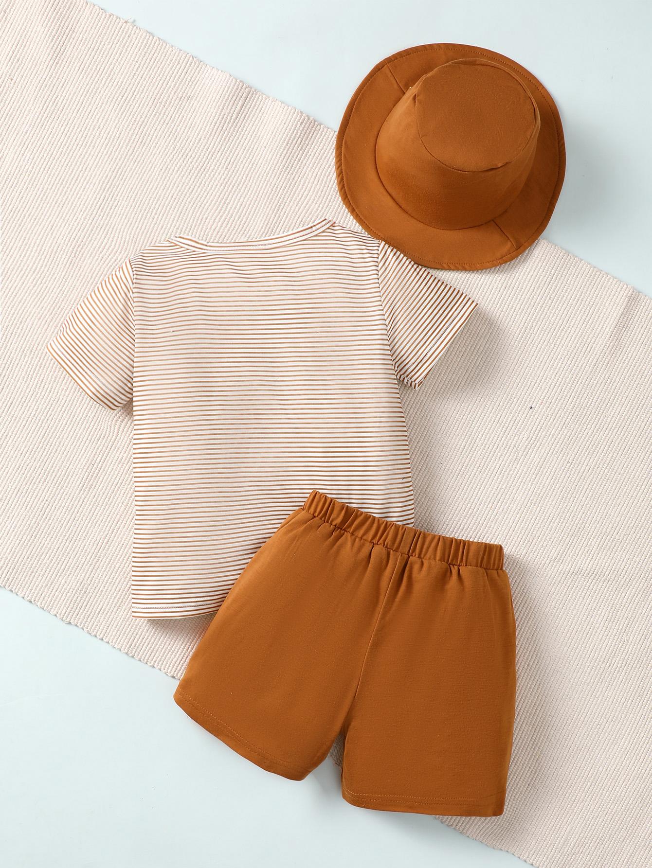 3-7Y Kid Fashion Ready Stock Baby Boys Outfits Stripe Pocket Summer Tops Elastic Shorts Hat 3Pcs Clothes Set Brown Catpapa 212211017