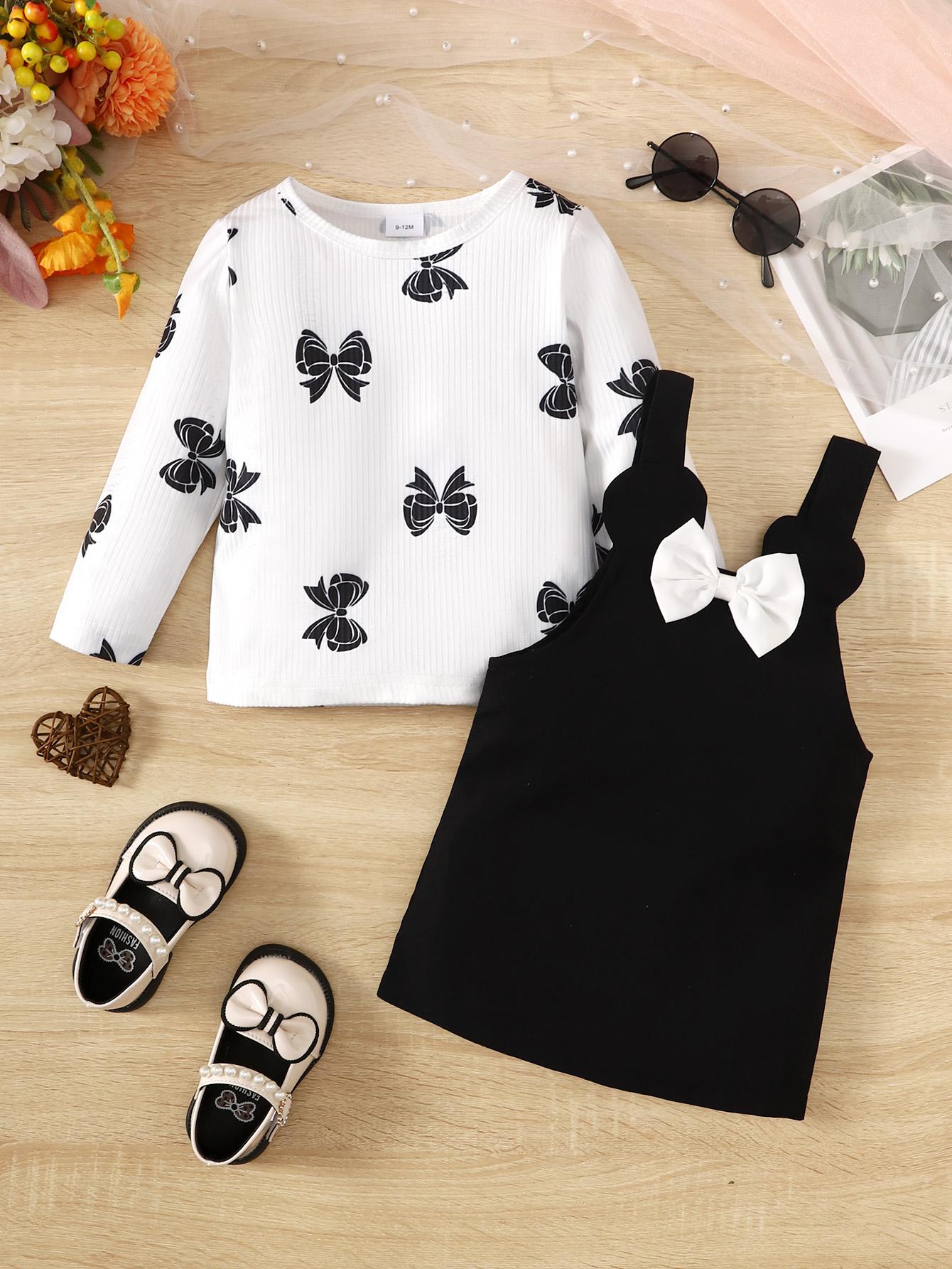 3-24M Baby Girls Ready Stock Clothes Bow Pattern Print Long Sleeve Tops Straps Suspender Skirts 2Pcs Spring Fall Outfits Black Catpapa 462308302