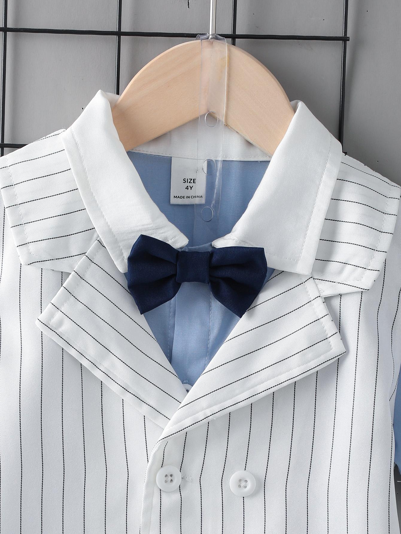 3-7Y Kids Fashion Boys Clothes Courtly Style Turn-down Shirts Stripe Vest Shorts 3Pcs Gentle Outfits Blue Catpapa 112211152