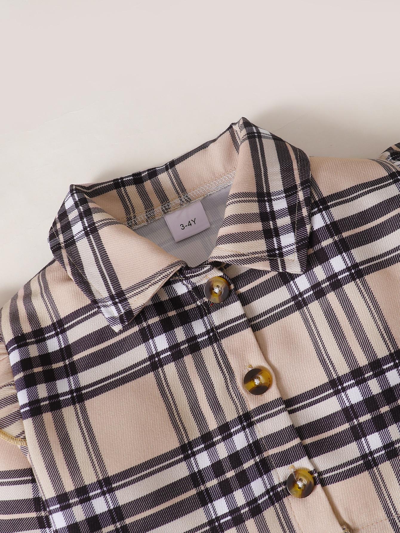 18M-5Y Baby Girls Outfits Turn-down Collar Plaid Ruffle Sleeve Coat Sleeveless Bow Dress 2Pcs Clothes Set Apricot Catpapa 122210602
