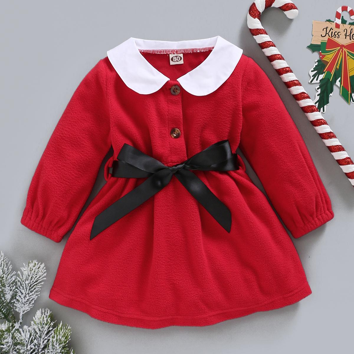 3-24M Kid fashion Girls Clothes Girl Christmas Red Long Sleeve Dress Red Catpapa L2008169