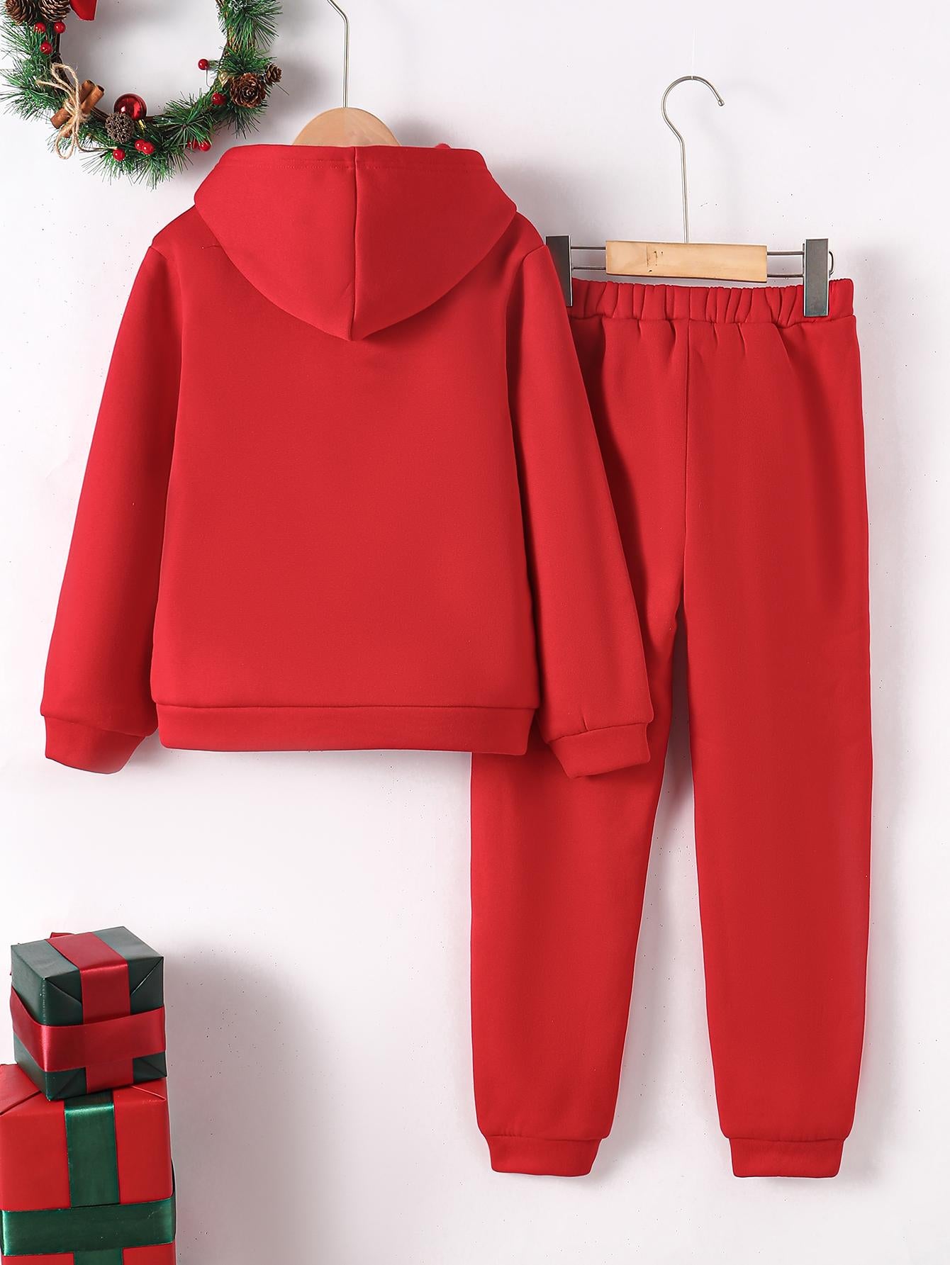 7-15Y Kid Boys 2Pcs's Happy New Year Outfits Casual Hoodies Long Sleeve Pullover Sweatshirt & Pants Joggers Clothing Set Red Catpapa 462311023