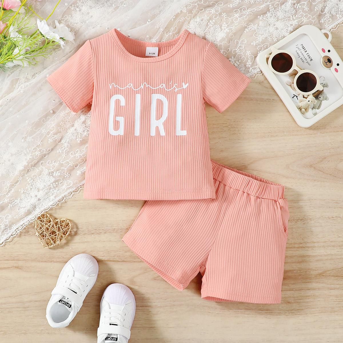 6M-3Y Ready Stock Baby Girls Summer Outfits "Mama's Girl" Print Casual Set, Ribbed T-shirt & Shorts, 2Pcs Clothes From 6M-3Y Catpapa GS132312159