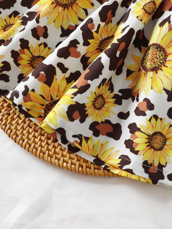 4-7Y Girls Dress Kid Girls Sleeveless Sunflower Print Leopard Pattern Splice Dress One Piece Summer Casual Dress Black Cattpapa GS132312157