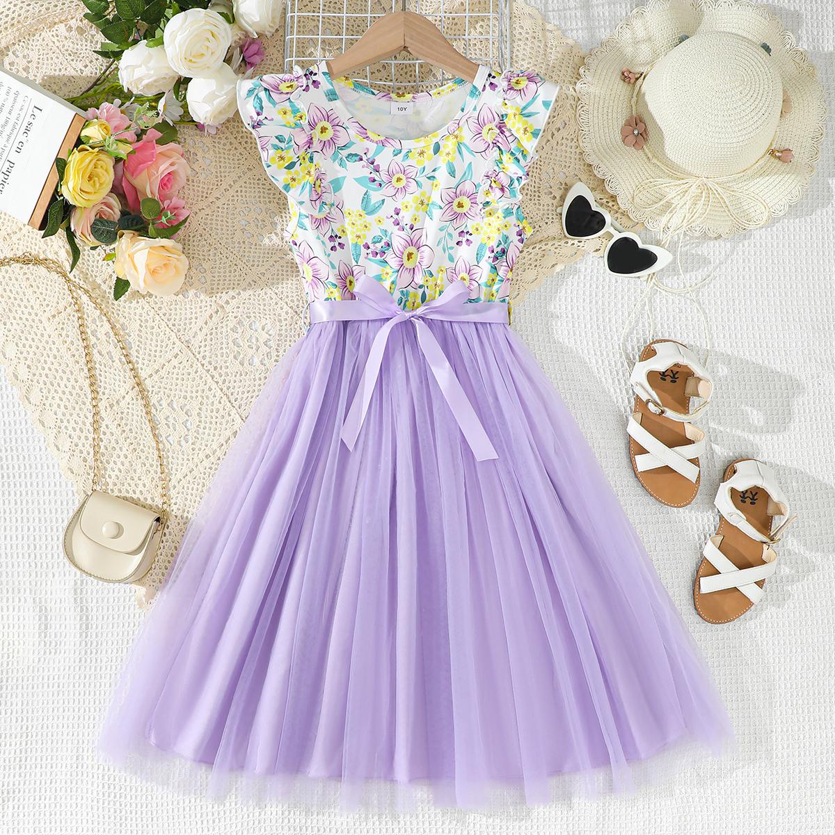 8-12Y Ready Stock 8-12y Big Girls Feast Dress Rose Print Ruffle Splice Gauze Sleeveless Dress One Piece Princess Dress Pink Catpapa YCS132312303