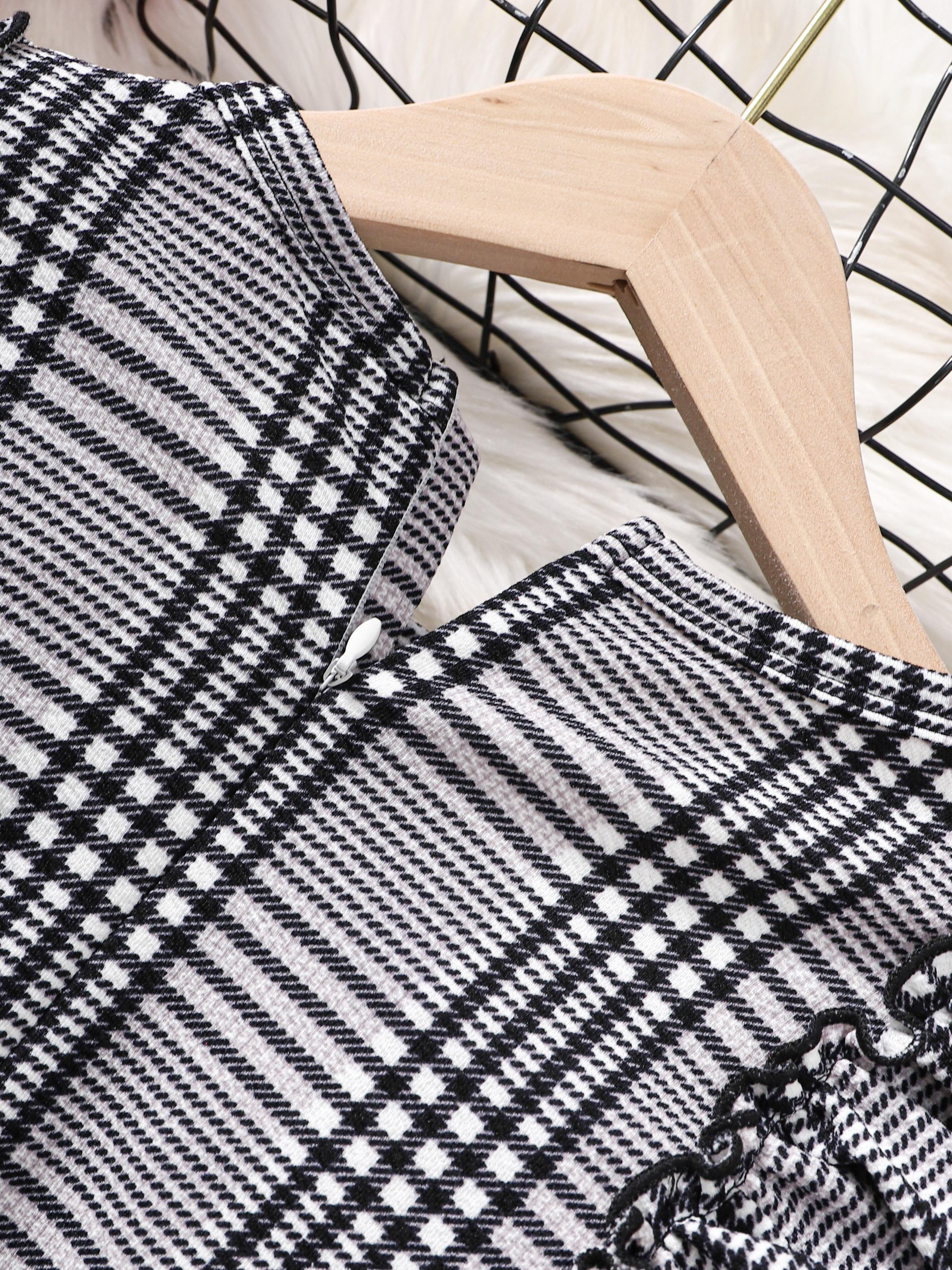 8-14Y Ready Stock Kid Girls Fall Winter Dress Plaid Print Splice Ruffle Tie Front Long Sleeve Dress One Piece Retro Dress Black Catpapa 462307022