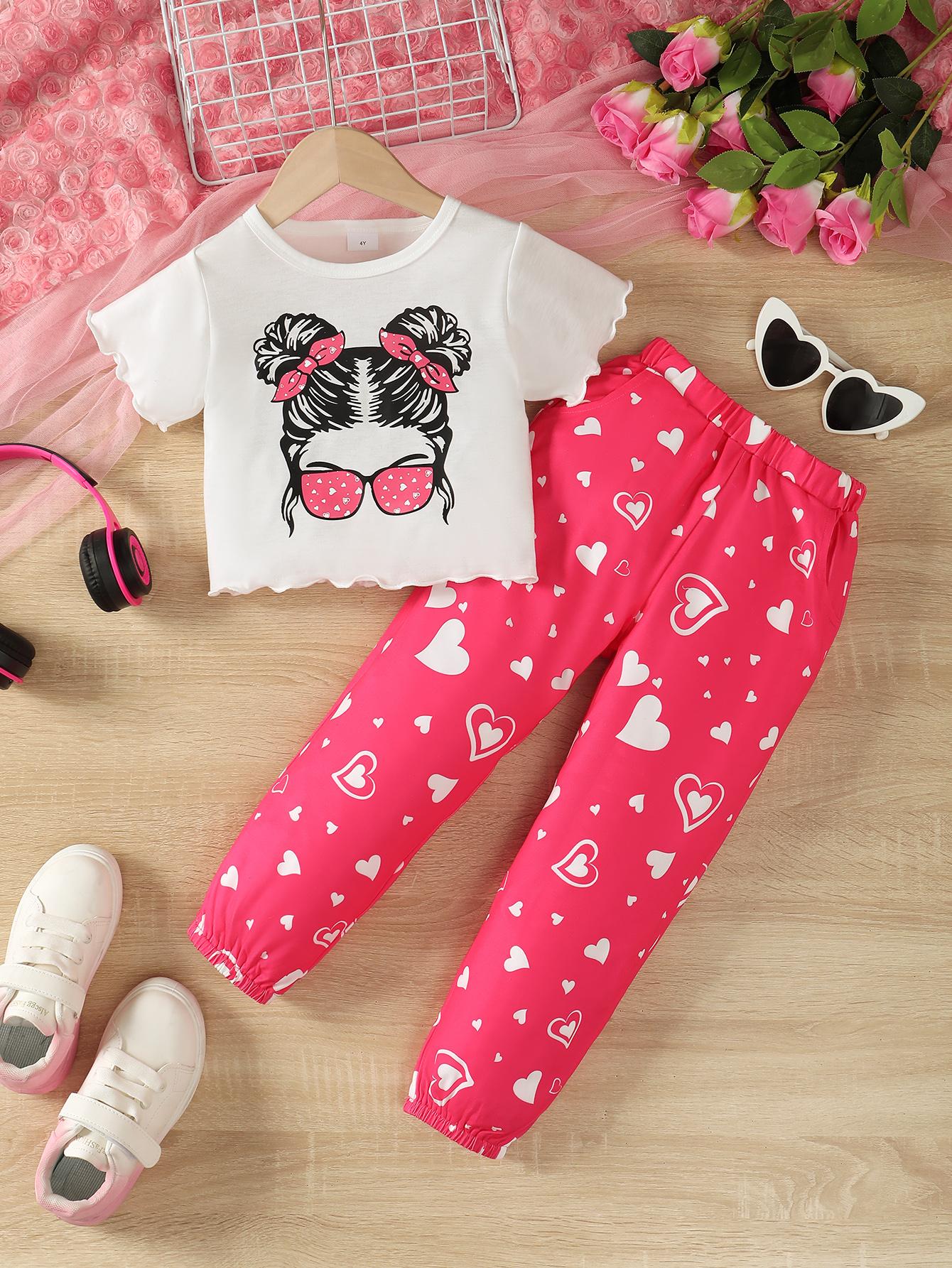 4-7Y Kid Girls' Valentine's Day Pants Sets Pagoda Sleeve Tops Elastic Heart Print Trousers 2Pcs Clothing From 4Y-7T White Catpapa GS132312162