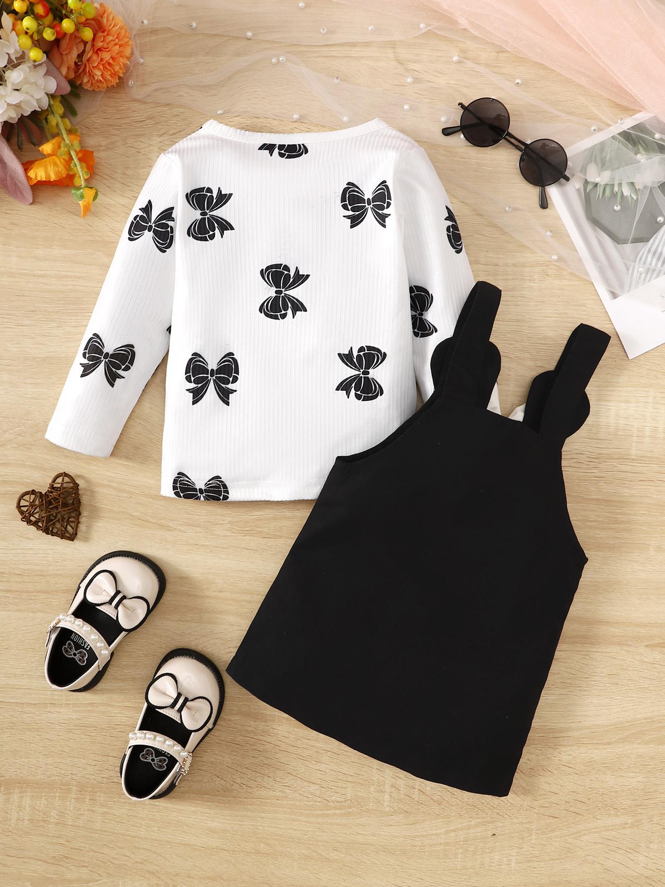 3-24M Baby Girls Ready Stock Clothes Bow Pattern Print Long Sleeve Tops Straps Suspender Skirts 2Pcs Spring Fall Outfits Black Catpapa 462308302