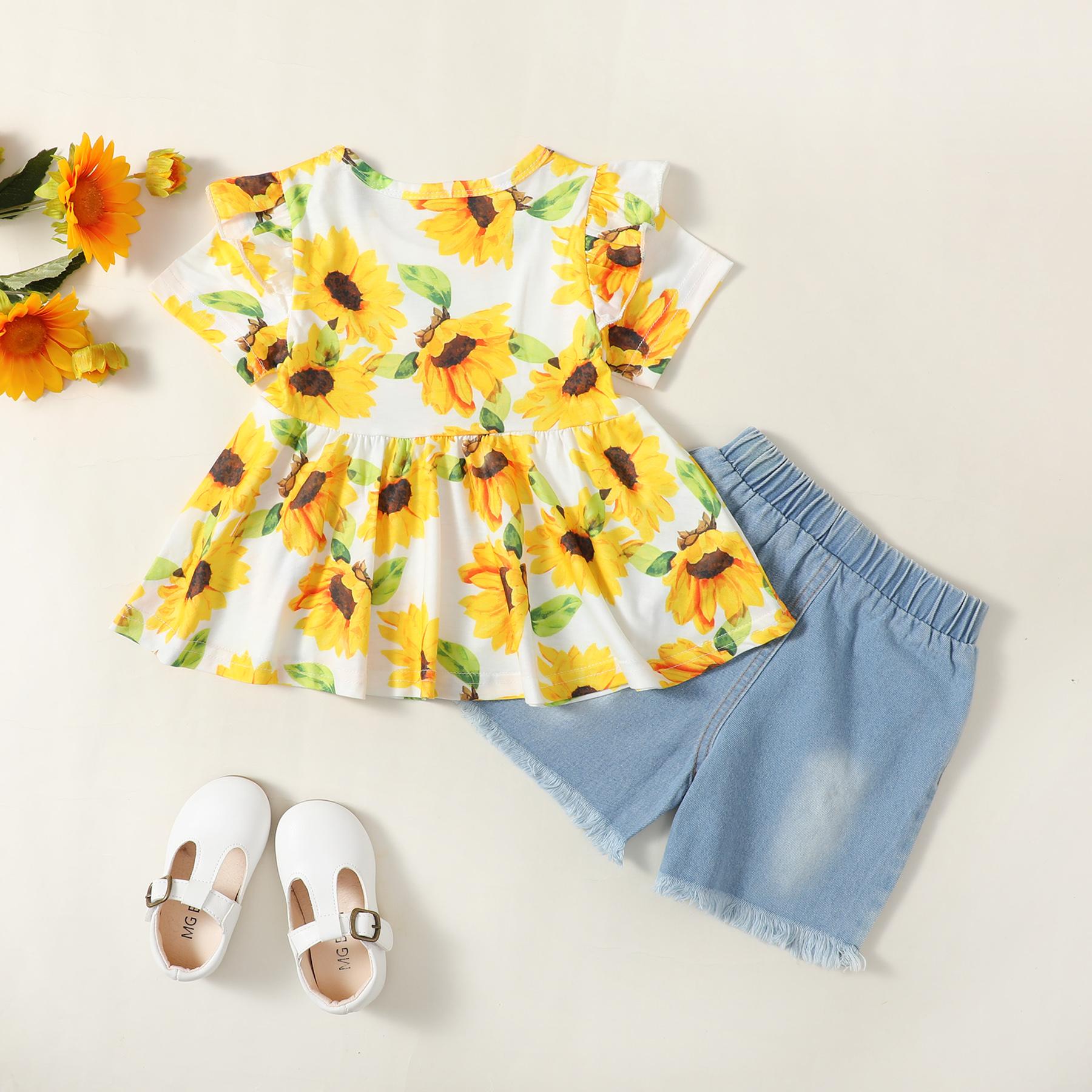 12M-4Y Baby Outfits Baby Girl Sunflowers T-Shirt Short Jeans 2PCS Catpapa YMX2003015