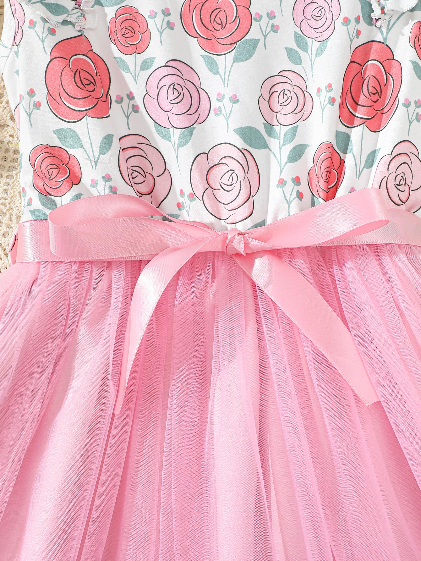 8-12Y Ready Stock 8-12y Big Girls Feast Dress Rose Print Ruffle Splice Gauze Sleeveless Dress One Piece Princess Dress Pink Catpapa YCS132312303