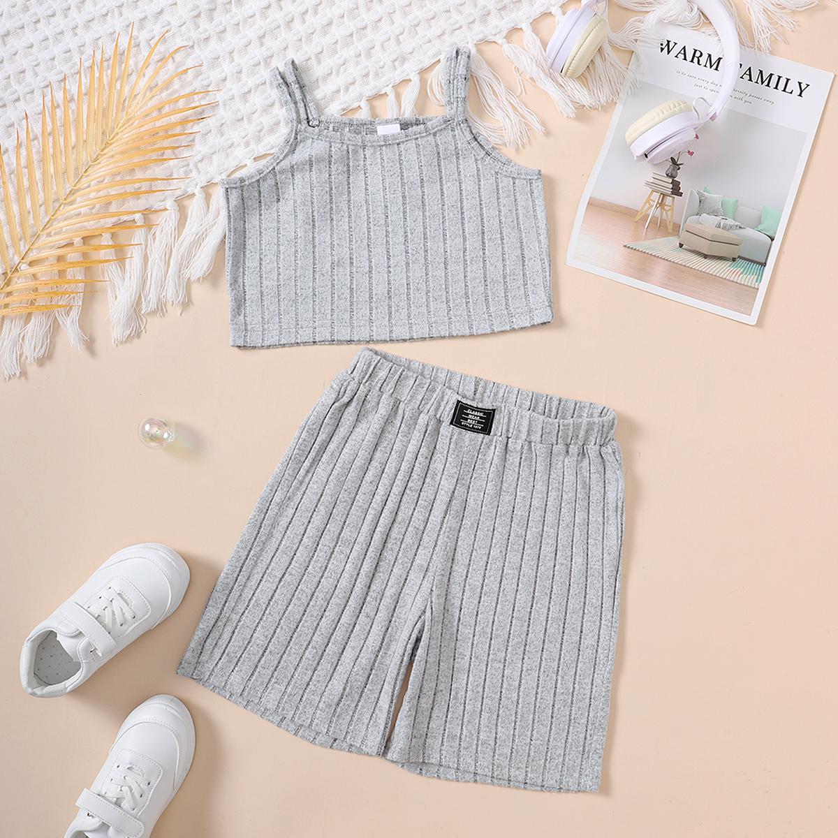 13-16Y Ready Stock Teen Girls Clothes 2Pcs Rib Sets Sleeveless Straps Tops + Elastic Shorts For Summer Outdoor Activities Catpapa 462310001