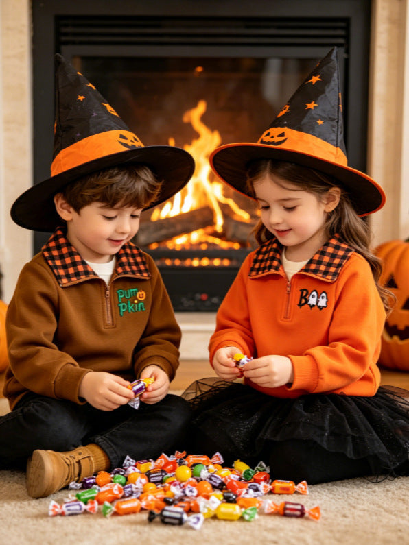 Wholesale 6M-4Y Kids Half Zip Plaid Collar Halloween Embroidery Sweatshirt, Baby Soft Cotton Blend Halloween Casual Top