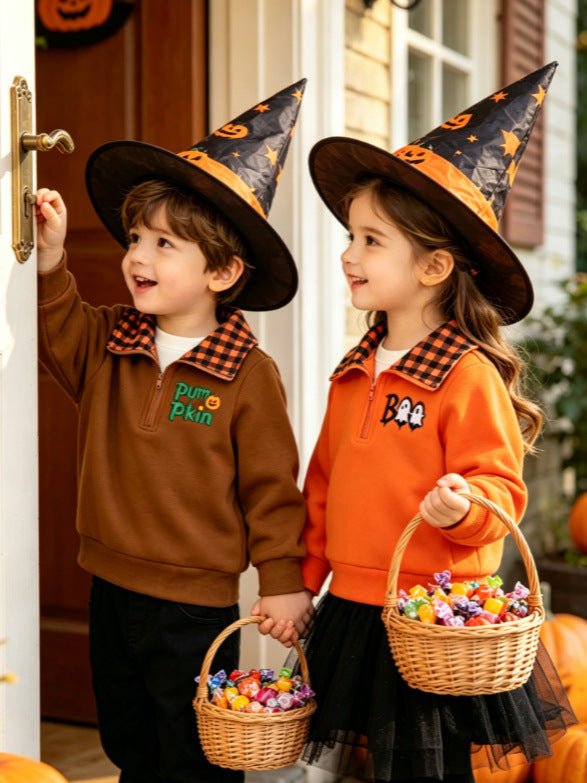 Wholesale 6M-4Y Kids Half Zip Plaid Collar Halloween Embroidery Sweatshirt, Baby Soft Cotton Blend Halloween Casual Top