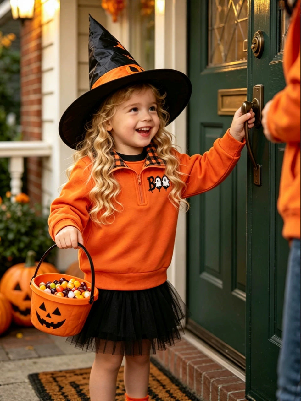 Wholesale 6M-4Y Kids Half Zip Plaid Collar Halloween Embroidery Sweatshirt, Baby Soft Cotton Blend Halloween Casual Top