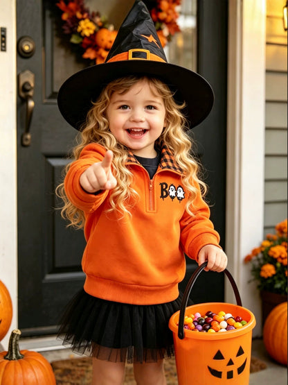 Wholesale 6M-4Y Kids Half Zip Plaid Collar Halloween Embroidery Sweatshirt, Baby Soft Cotton Blend Halloween Casual Top