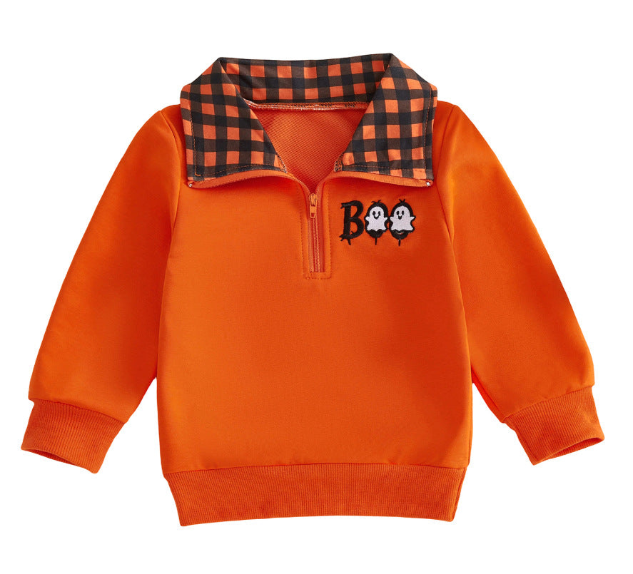 Wholesale 6M-4Y Kids Half Zip Plaid Collar Halloween Embroidery Sweatshirt, Baby Soft Cotton Blend Halloween Casual Top