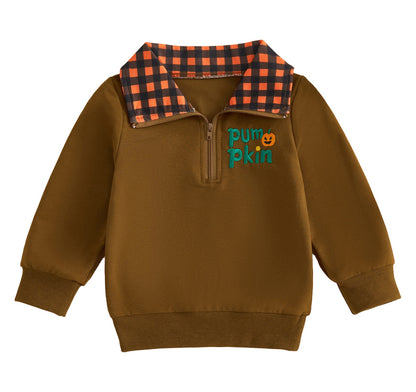 Wholesale 6M-4Y Kids Half Zip Plaid Collar Halloween Embroidery Sweatshirt, Baby Soft Cotton Blend Halloween Casual Top
