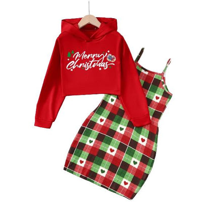8-14Y  Ready Stock Kids Girls Christmas Outfits Straps Plaid Print Dress Print Letter Graphics Long Sleeve Sweater Hoodies 2Pcs Nice Apparel Clothes Set Red Catpapa 462307023
