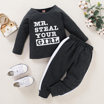 18M-5Y Kid fashion Boys Clothes MR STEAL Letter Print Dark Grey Crew Neck Long Sleeve 2PCS Catpapa  WL20061048-3