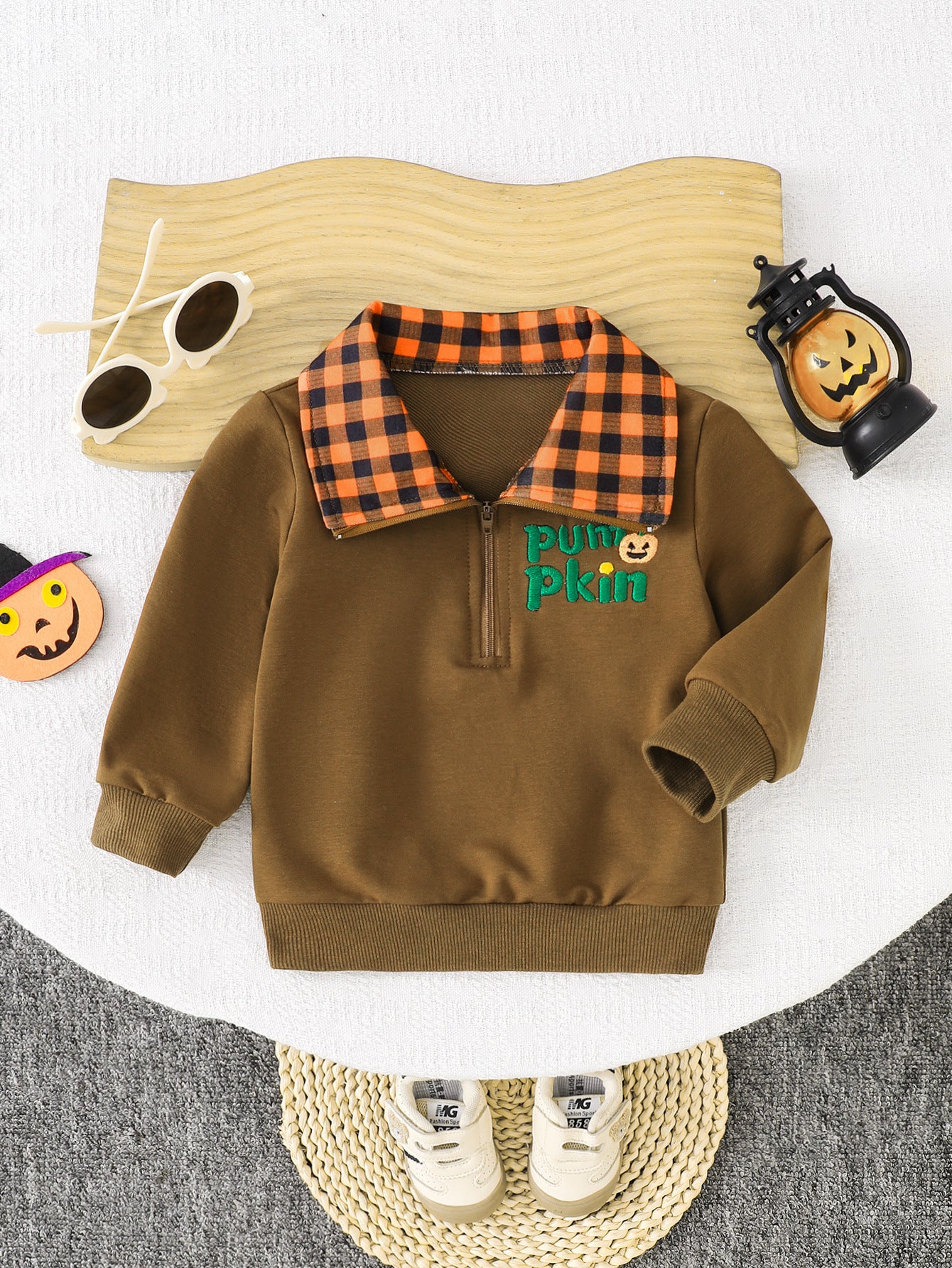Wholesale 6M-4Y Kids Half Zip Plaid Collar Halloween Embroidery Sweatshirt, Baby Soft Cotton Blend Halloween Casual Top