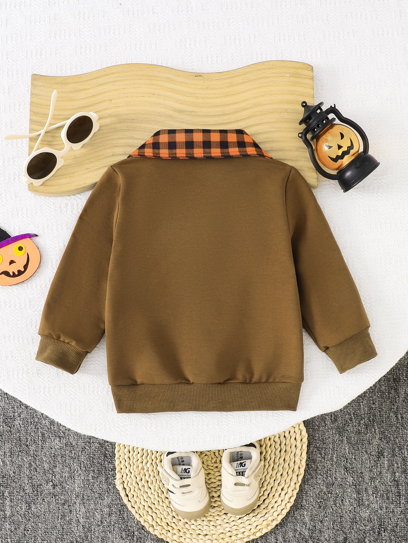 Wholesale 6M-4Y Kids Half Zip Plaid Collar Halloween Embroidery Sweatshirt, Baby Soft Cotton Blend Halloween Casual Top