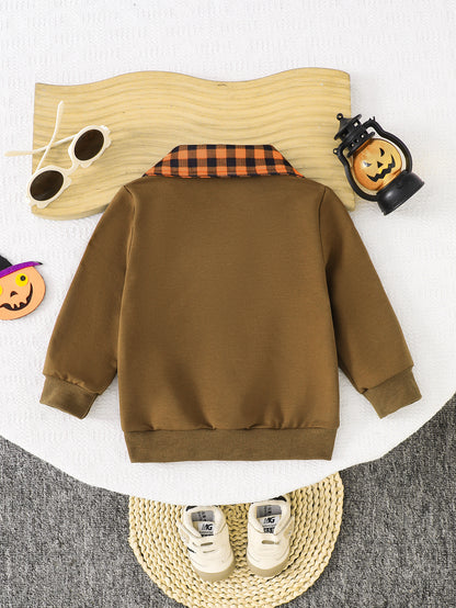 Wholesale 6M-4Y Kids Half Zip Plaid Collar Halloween Embroidery Sweatshirt, Baby Soft Cotton Blend Halloween Casual Top