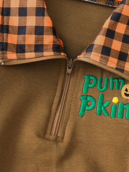 Wholesale 6M-4Y Kids Half Zip Plaid Collar Halloween Embroidery Sweatshirt, Baby Soft Cotton Blend Halloween Casual Top