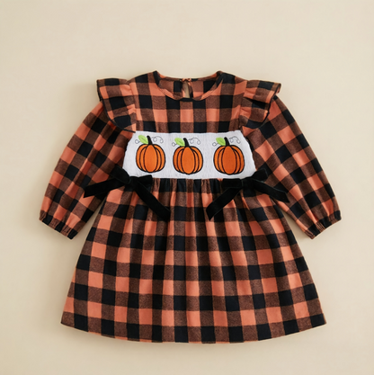 Wholesale 6M-5Y Girls Ruffle Plaid Pumpkin Embroidery Woven Dress, Kids Halloween Soft Buffalo Plaid Casual Dress
