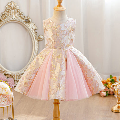 Wholesale 2-10Y Girls Sleeveless Gold Floral Jacquard Tulle Princess Dress, Kids Birthday Party Soft Woven Formal Gown