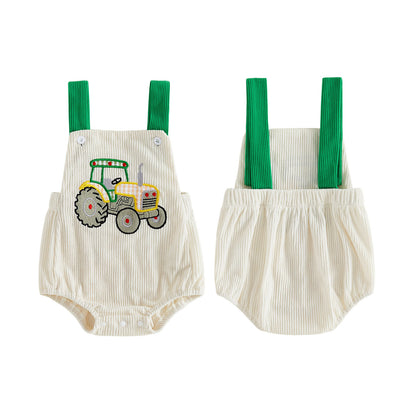 Wholesale 0-18M Baby Boys Tractor Embroidery Suspender Bubble Romper, Soft Vertical Rib Knit Sleeveless Overalls Bodysuit