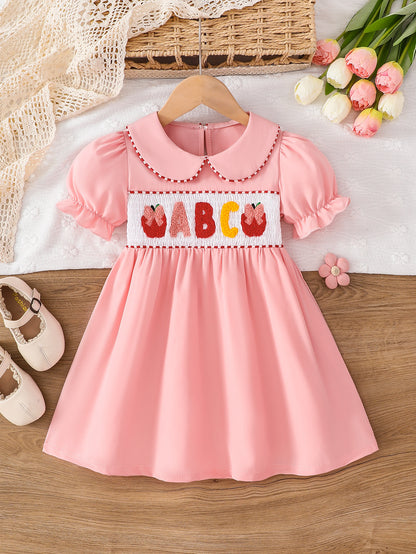 Wholesale 2-7Y Girls Peter Pan Collar ABC Apple Towel Embroidery Woven Dress, Kids Soft Waffle Smocked Back To School Casual Dress