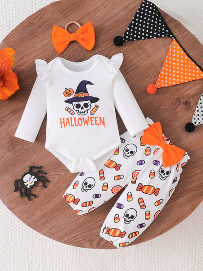 Wholesale 0-18M Baby Girls 3Pcs Ruffle Sleeve Halloween Print Bodysuit Outfit Set, Soft Cotton Knit Pumpkin Skull Ghost Long Sleeve Romper Pants With Bow Headband