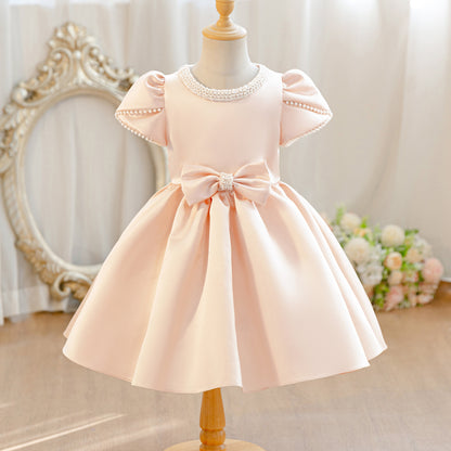 Wholesale 2-10Y Girls Pearl Puff Bow Satin Princess Dress, Kids Birthday Party Soft Satin Formal Gown