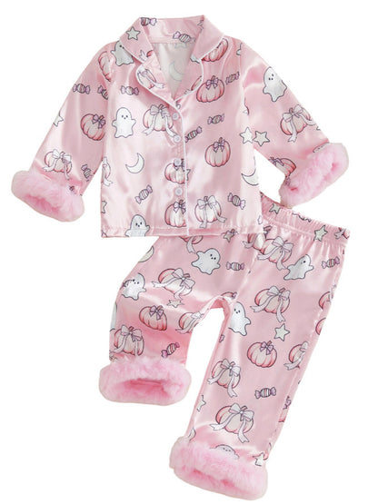 Wholesale 6M-4T Girls 2Pcs Halloween Ghost Pumpkin Satin Pajama Set, Soft Silky Fluff Cuff Lapel Button Down Loungewear Outfit