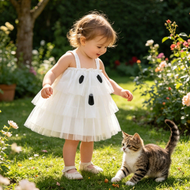 Wholesale 6M-4T Girls Spaghetti Strap Ghost Tiered Tulle Princess Dress, Kids Halloween Soft Mesh Party Dress