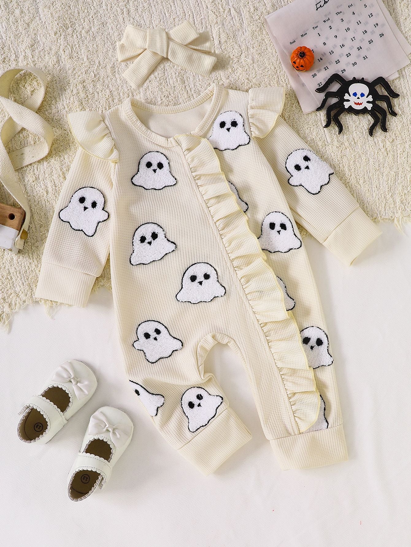 Wholesale 0-18M Baby Girls 2Pcs Ruffle Zipper Halloween Towel Embroidery Jumpsuit Set, Soft Waffle Knit Pumpkin Ghost Romper With Bow Headband