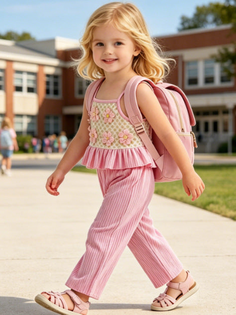 Wholesale 6M-4T Girls 2Pcs 3D Flower Mesh Cami Top Wide Leg Pants Outfit Set, Kids Soft Crinkle Fabric Summer Casual Two Piece Set