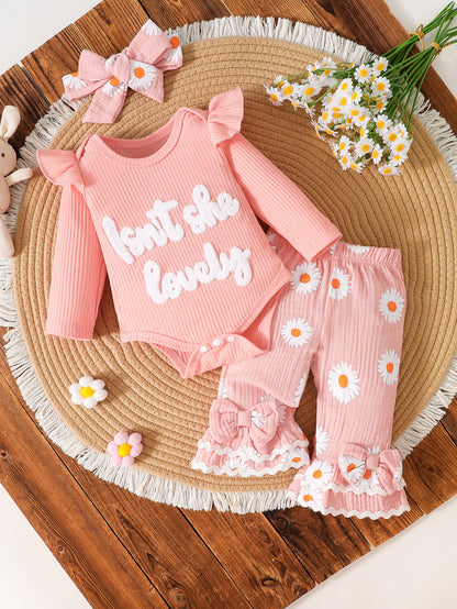Wholesale 0-9M Baby Girls 3Pcs Daisy Rib Knit Outfit Set, Soft Waffle Rib Flutter Sleeve Bodysuit Flare Pants With Bow Headband